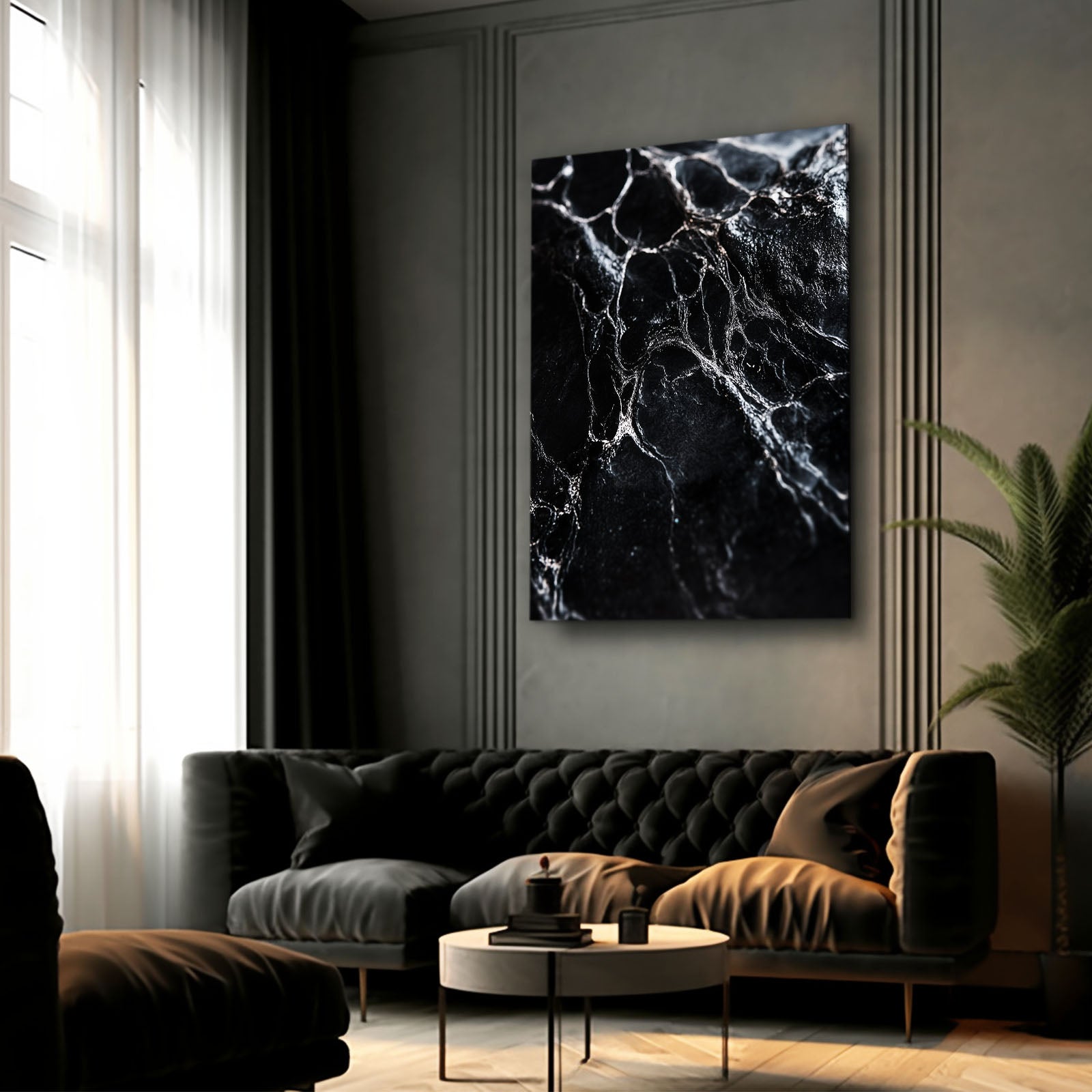 White Vein Black Marble Abstract Wall Decor – styled in a furnished interior