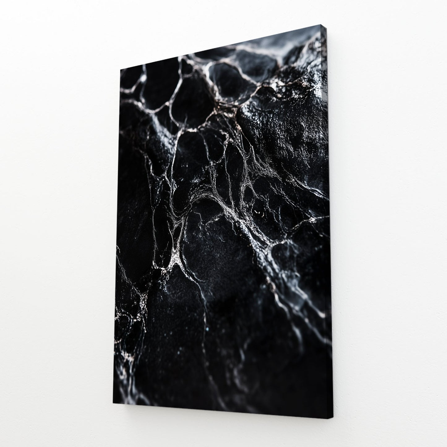 White Vein Black Marble Abstract Wall Decor – angled canvas view on white background