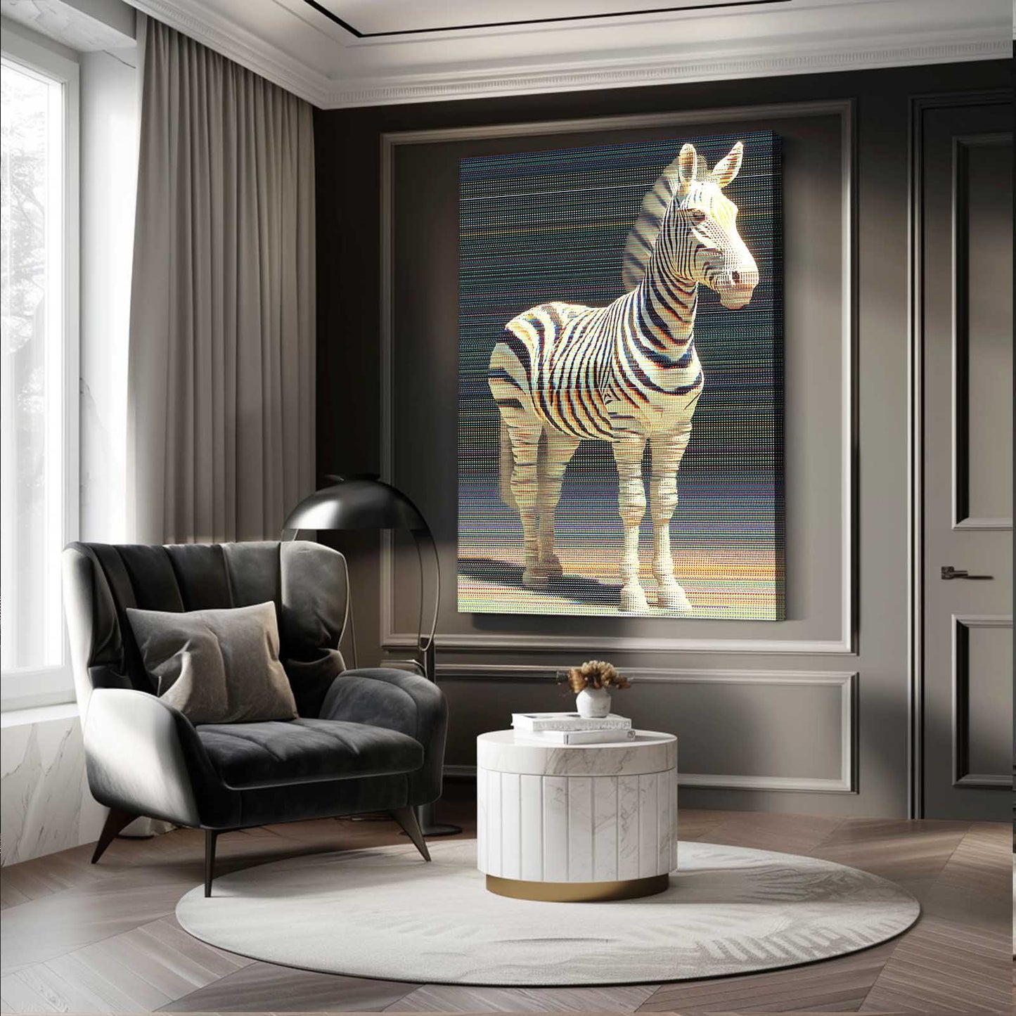 White Zebra Wall Art – styled in a furnished interior