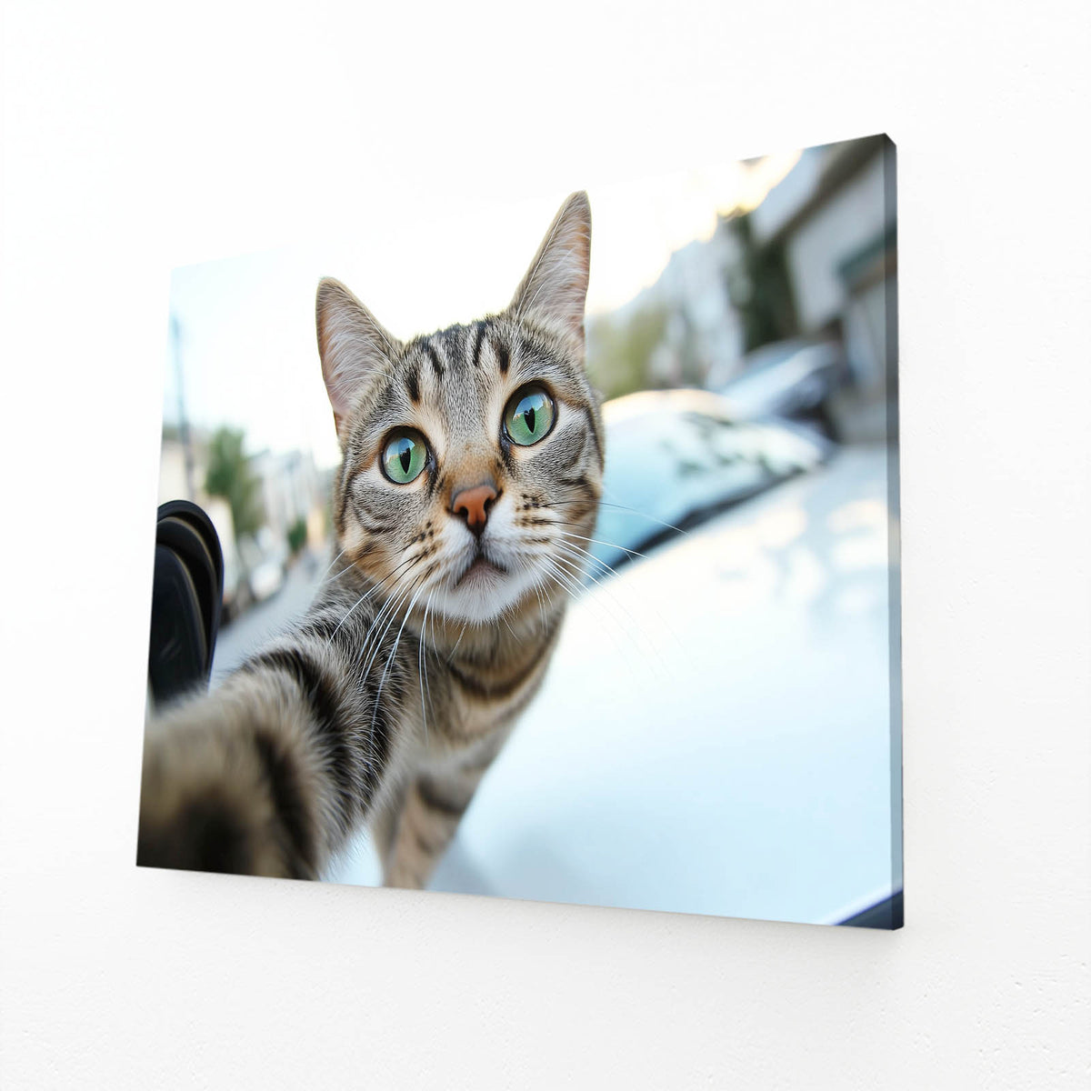 Wide Angle Selfie Cat Wall Decor — photography canvas print, angled canvas view on white background