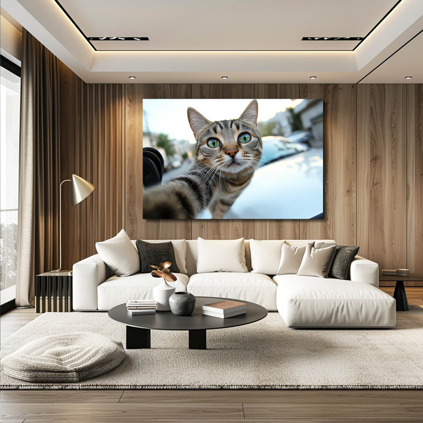 Wide Angle Selfie Cat Wall Decor — photography canvas print, styled in a furnished interior