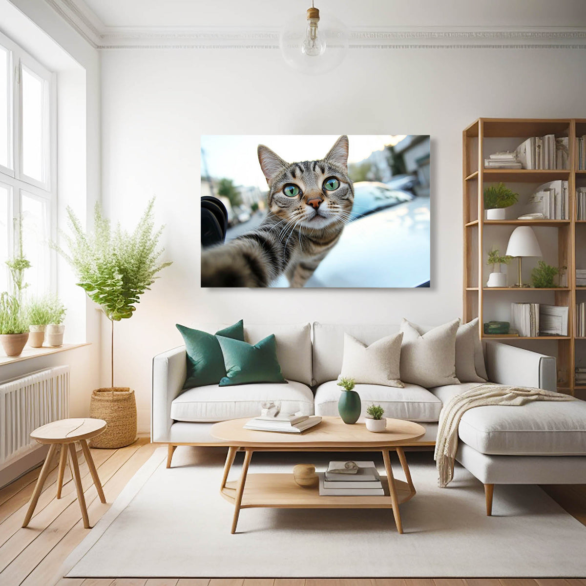 Wide Angle Selfie Cat Wall Decor — photography canvas print, styled in a furnished interior