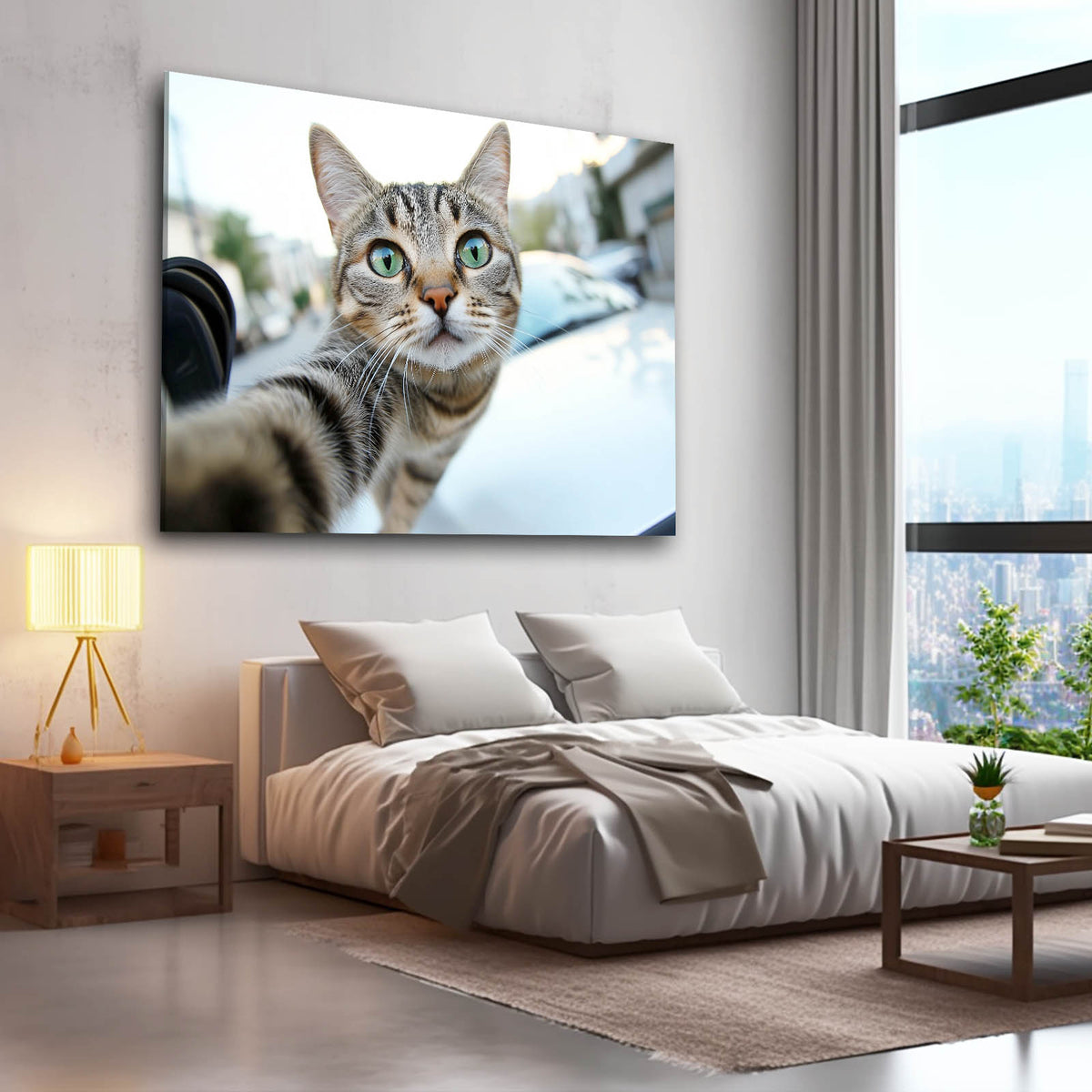 Wide Angle Selfie Cat Wall Decor — photography canvas print, styled in a furnished interior
