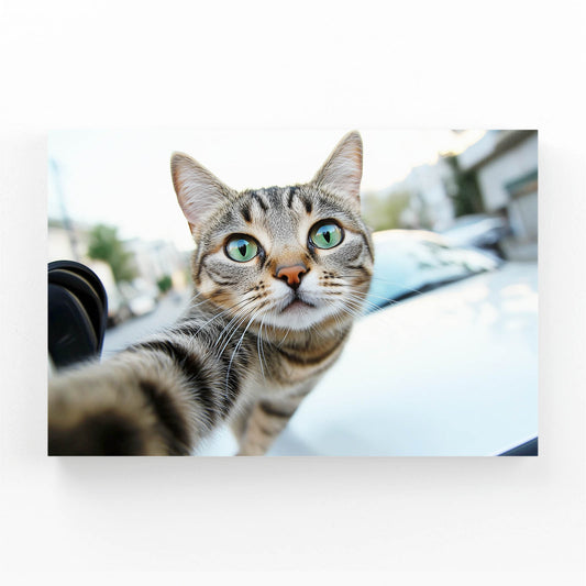 Wide Angle Selfie Cat Wall Decor — photography canvas print, angled canvas view on white background