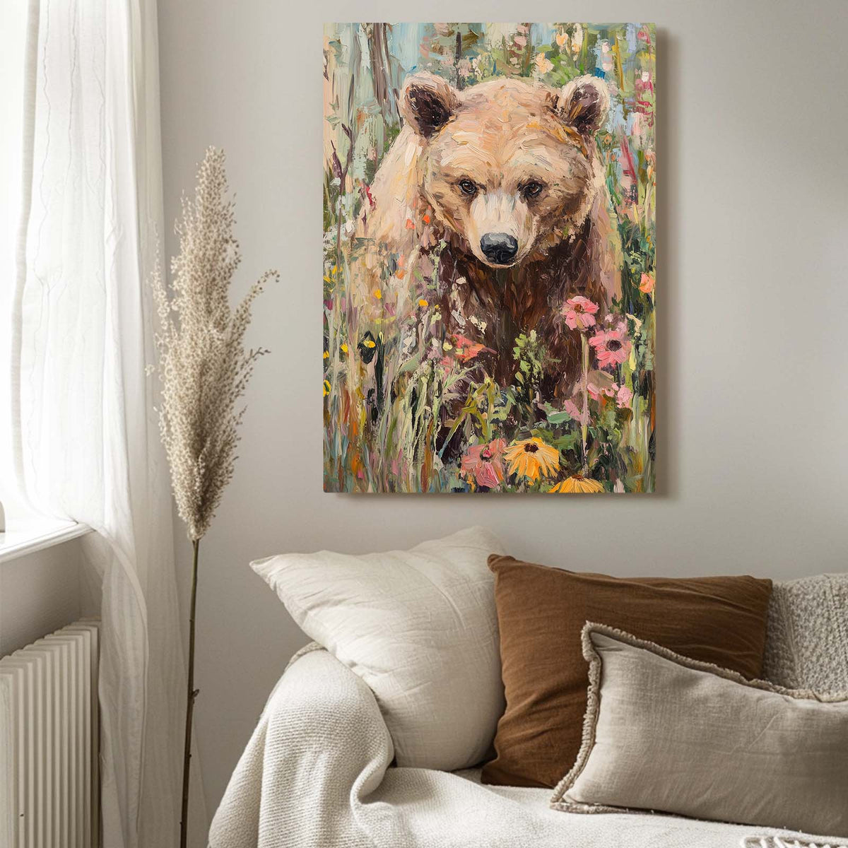 Wildflower Meadow Portrait Bear Art — contemporary canvas print, styled in a furnished interior