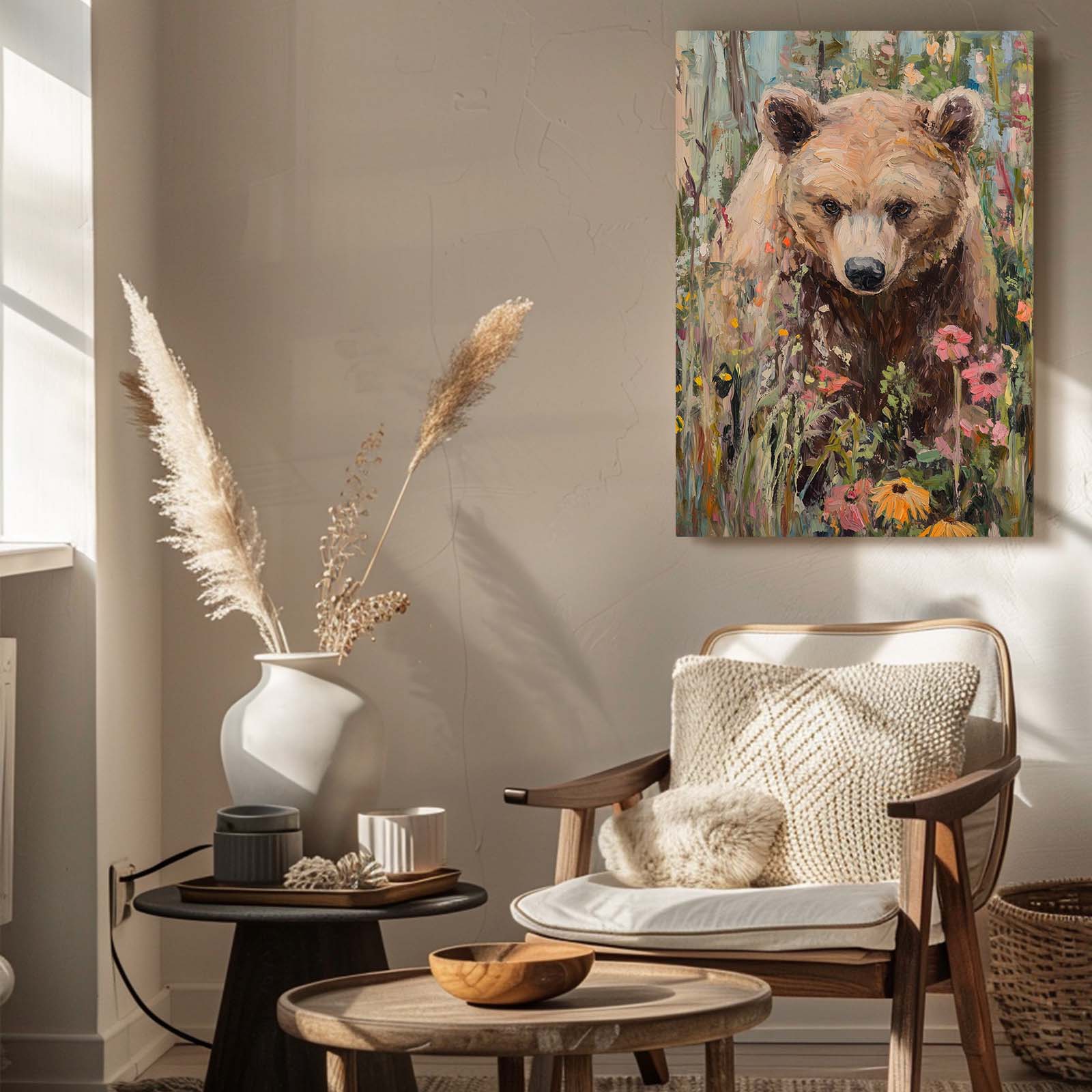 Wildflower Meadow Portrait Bear Art — contemporary canvas print, styled in a furnished interior