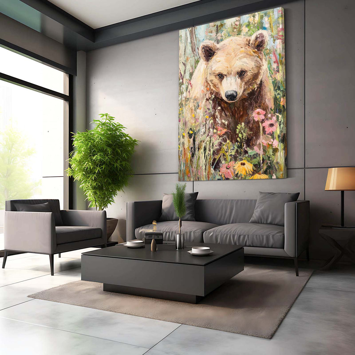 Wildflower Meadow Portrait Bear Art — contemporary canvas print, styled in a furnished interior