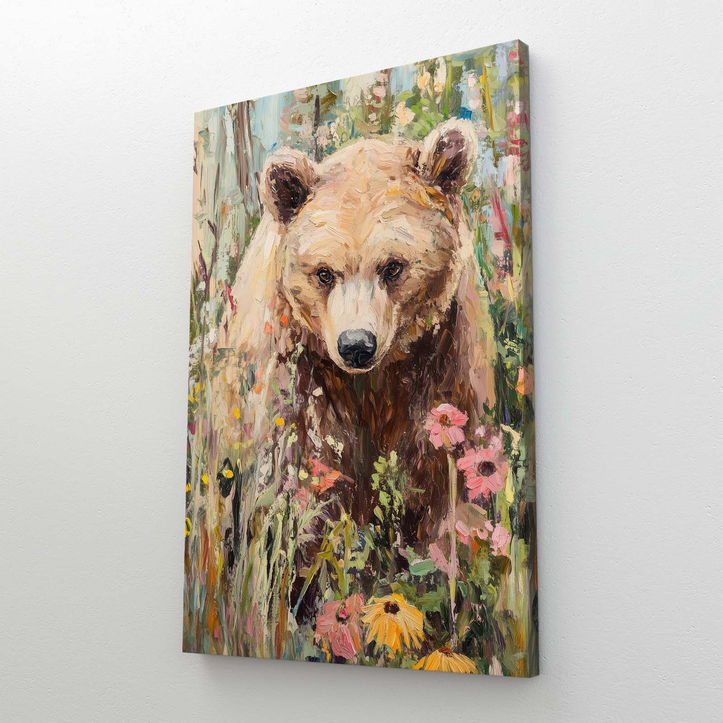 Wildflower Meadow Portrait Bear Art — contemporary canvas print, angled canvas view on white background