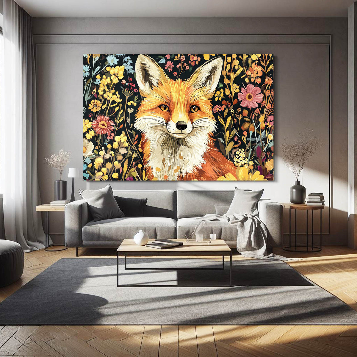 Wildflower Portrait Fox Canvas Art — contemporary canvas print, styled in a furnished interior