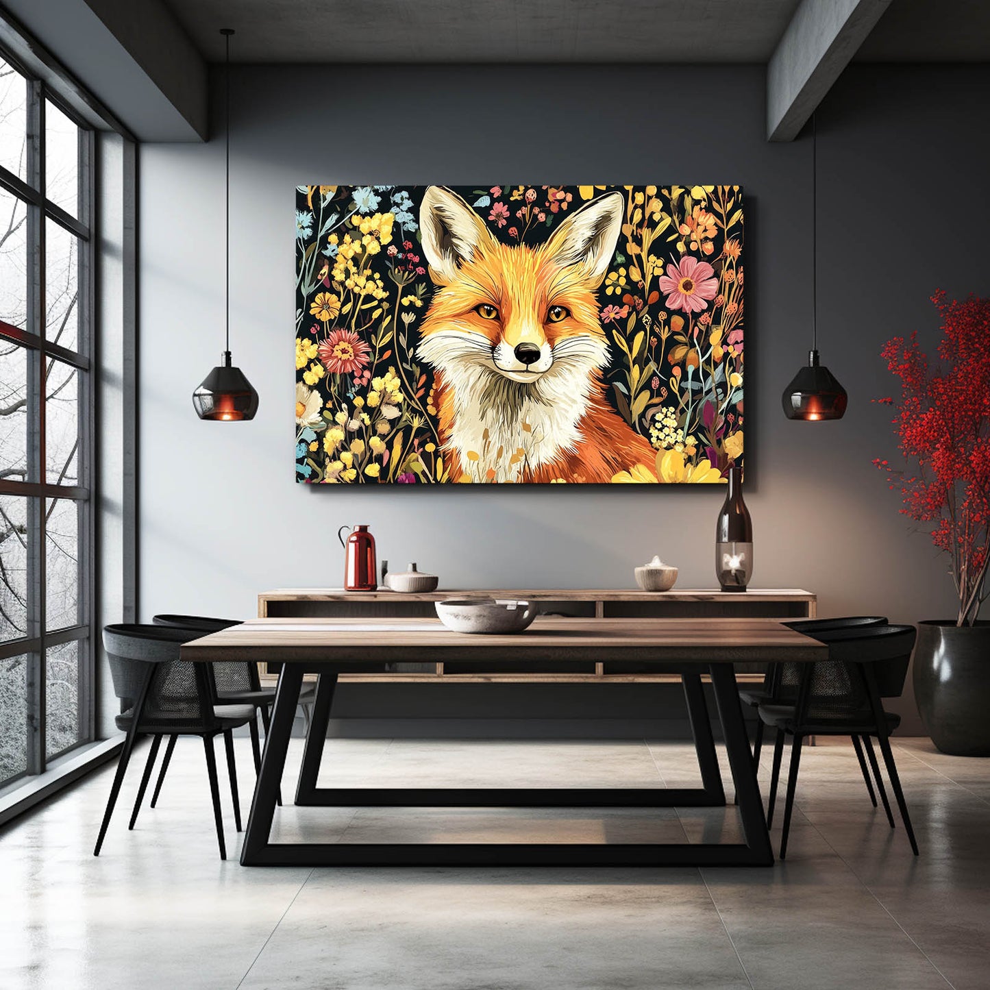 Wildflower Portrait Fox Canvas Art — contemporary canvas print, styled in a furnished interior