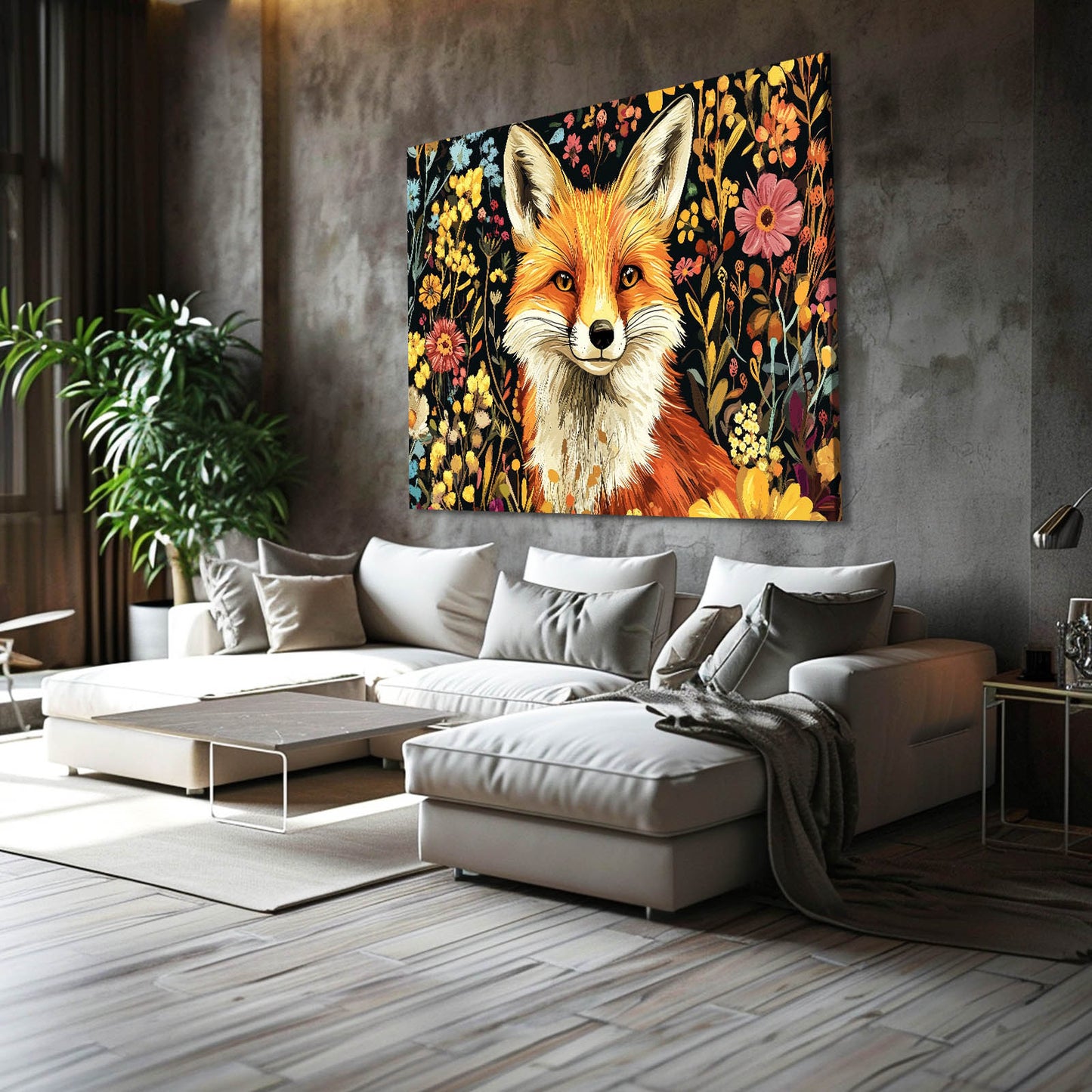 Wildflower Portrait Fox Canvas Art — contemporary canvas print, styled in a furnished interior