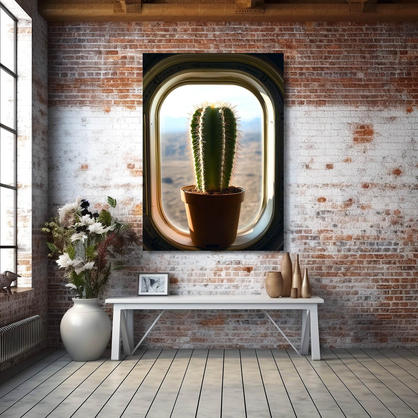 Window Seat Pot Cactus Wall Art – styled in a furnished interior