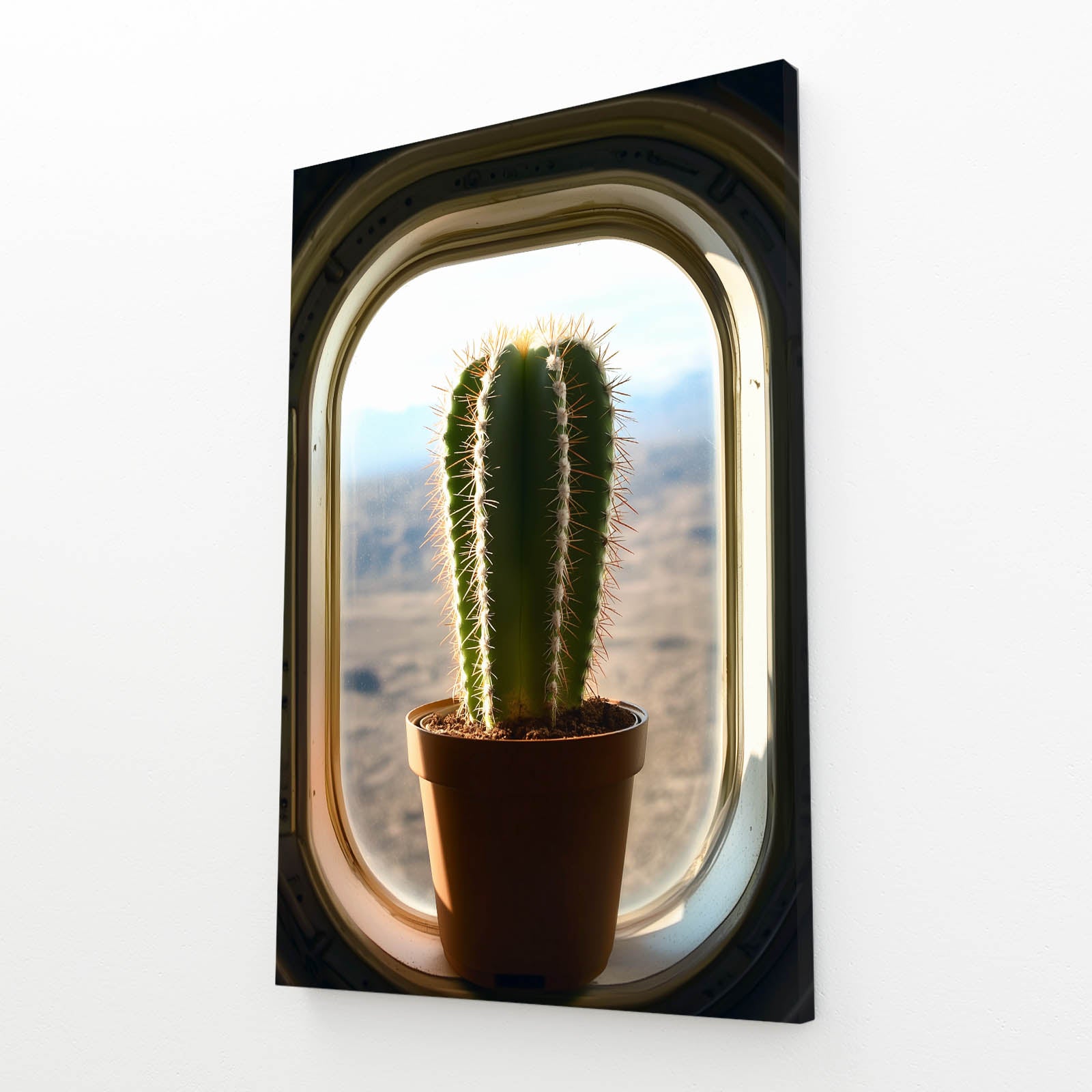 Window Seat Pot Cactus Wall Art – angled canvas view on white background