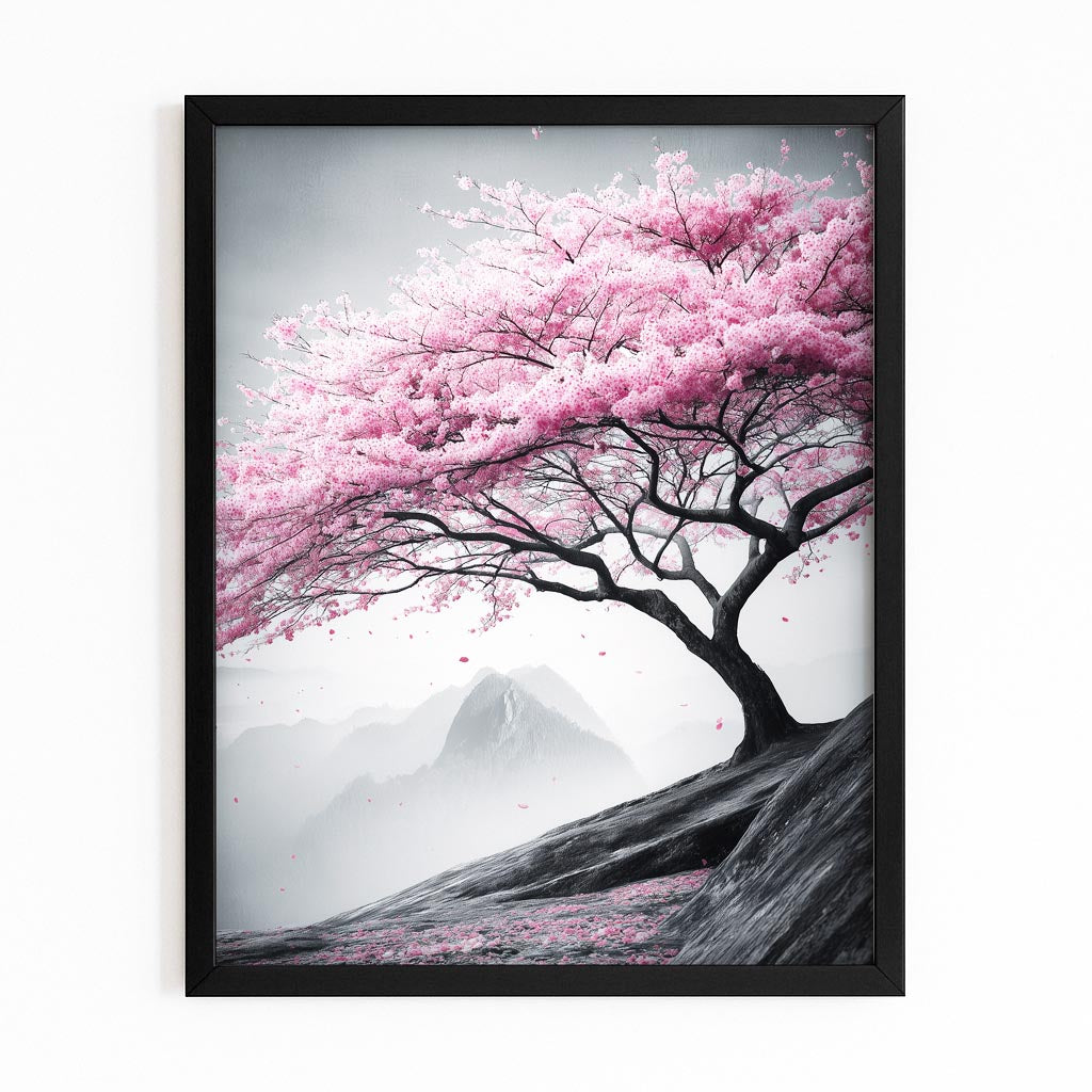 Windswept Gray Tree Cherry Blossom Art – with Premium Black frame on white background