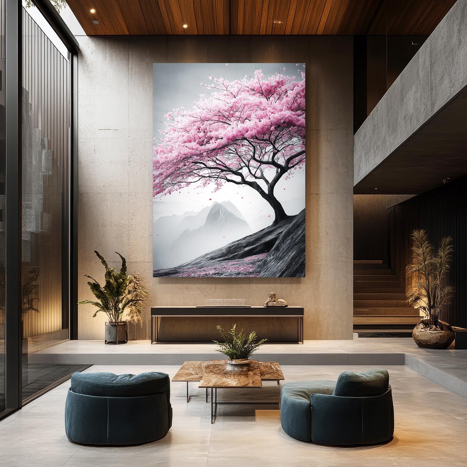 Windswept Gray Tree Cherry Blossom Art – styled in a furnished interior
