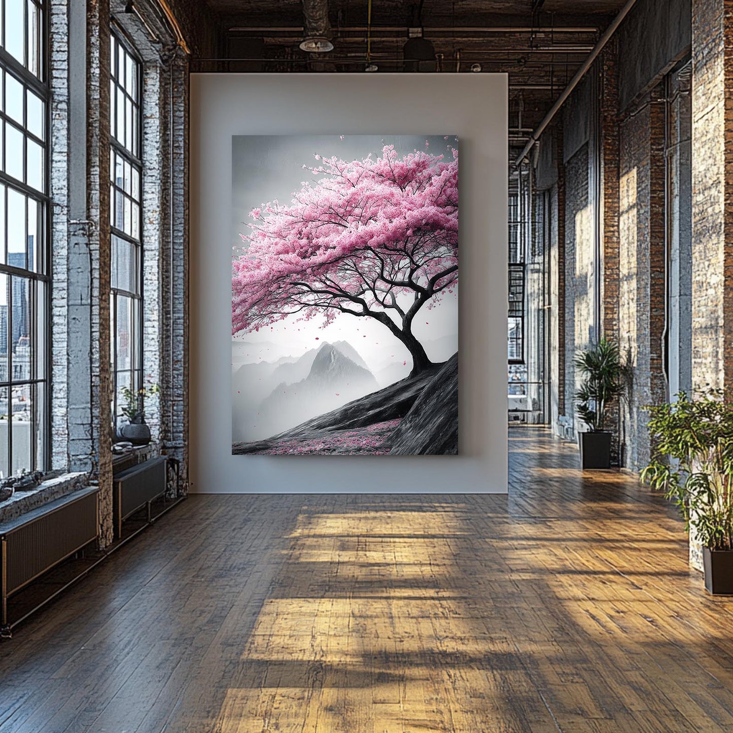 Windswept Gray Tree Cherry Blossom Art – styled in a furnished interior