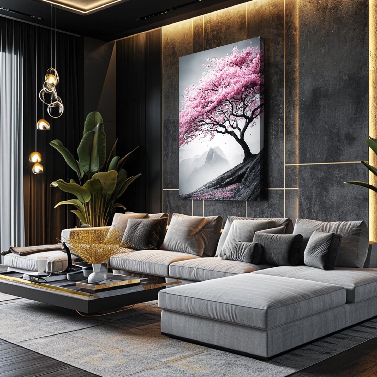 Windswept Gray Tree Cherry Blossom Art – styled in a furnished interior