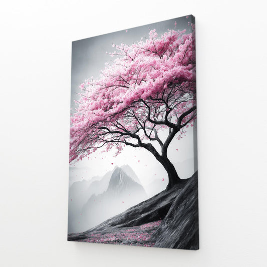 Windswept Gray Tree Cherry Blossom Art – angled canvas view on white background