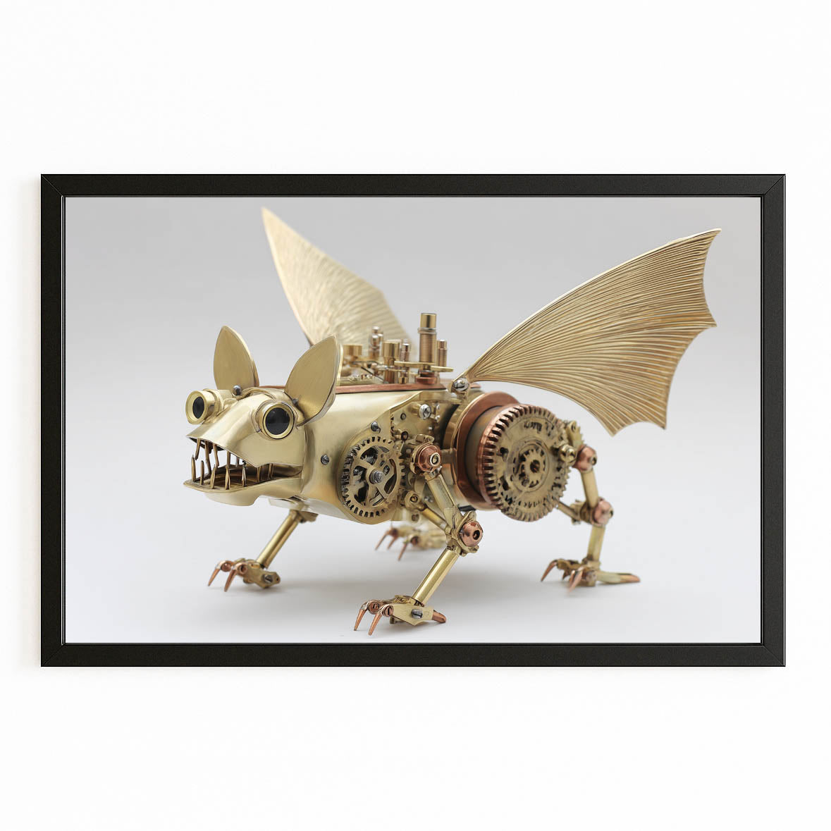 Winged Bone Draco Steampunk Wall Art – with Premium Black frame on white background