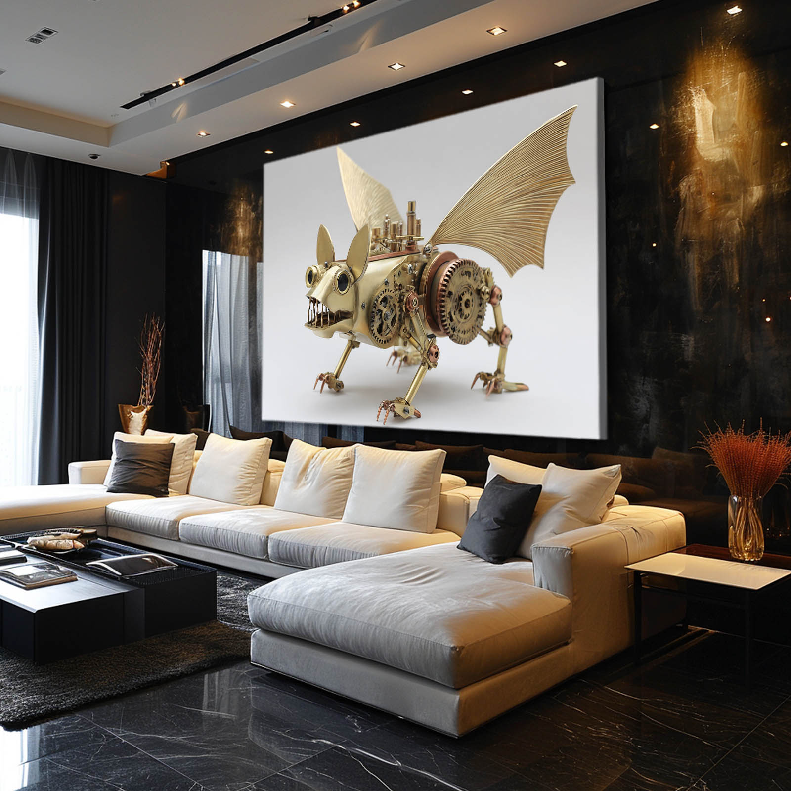 Winged Bone Draco Steampunk Wall Art – styled in a furnished interior