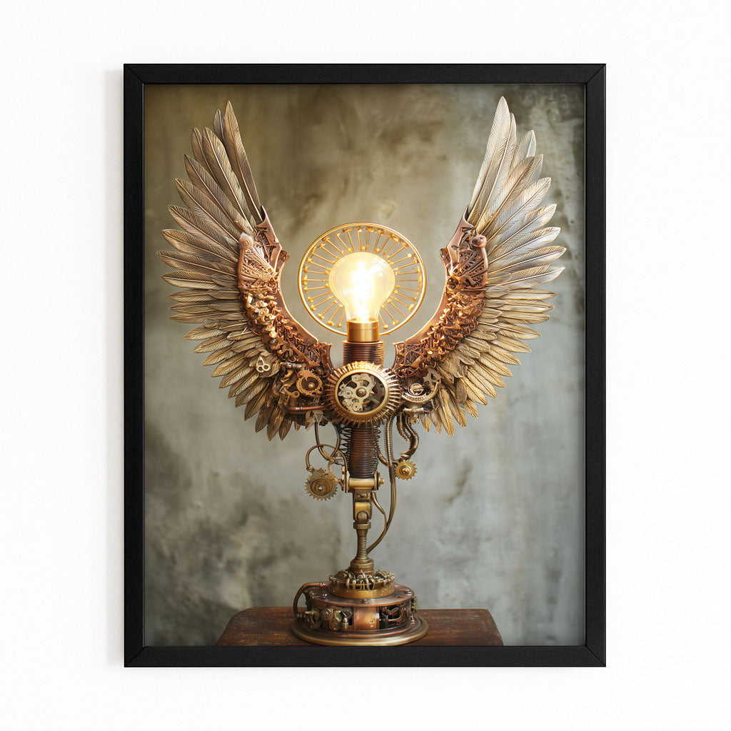 Winged Brass Lamp Steampunk Wall Art – with Premium Black frame on white background