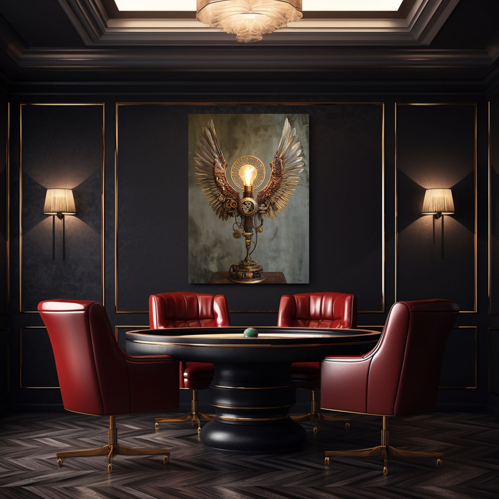 Winged Brass Lamp Steampunk Wall Art – styled in a furnished interior