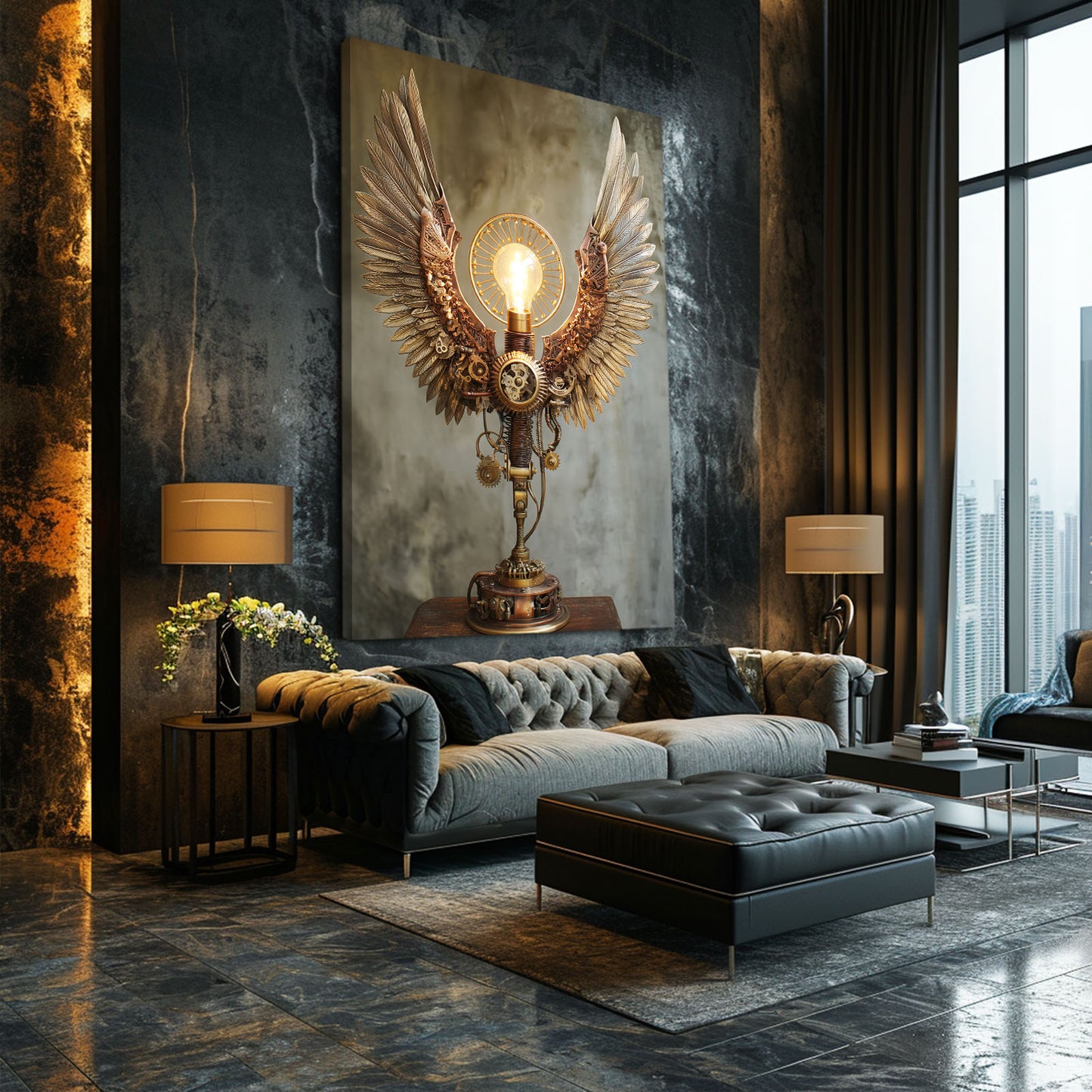 Winged Brass Lamp Steampunk Wall Art – styled in a furnished interior