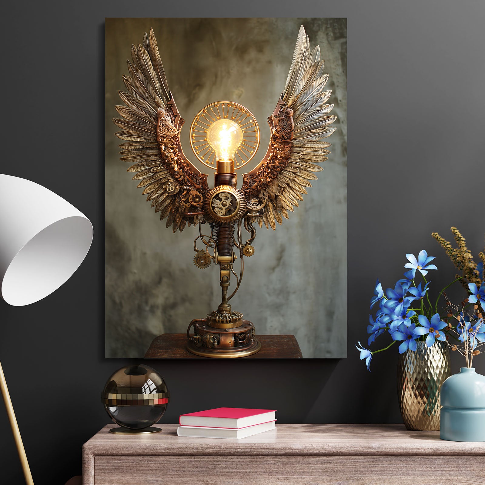 Winged Brass Lamp Steampunk Wall Art – styled in a furnished interior