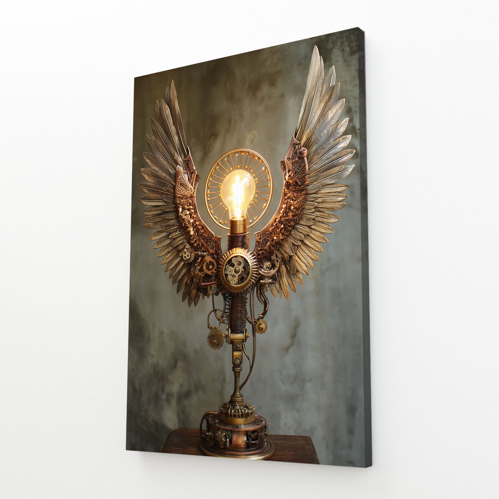 Winged Brass Lamp Steampunk Wall Art – angled canvas view on white background