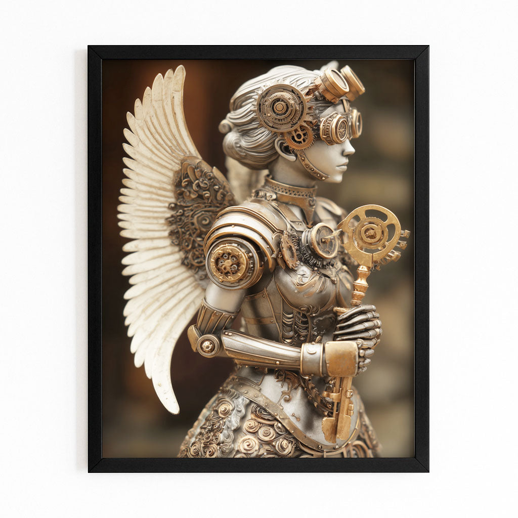 Winged Clockwork Woman Steampunk Wall Decor – with Premium Black frame on white background