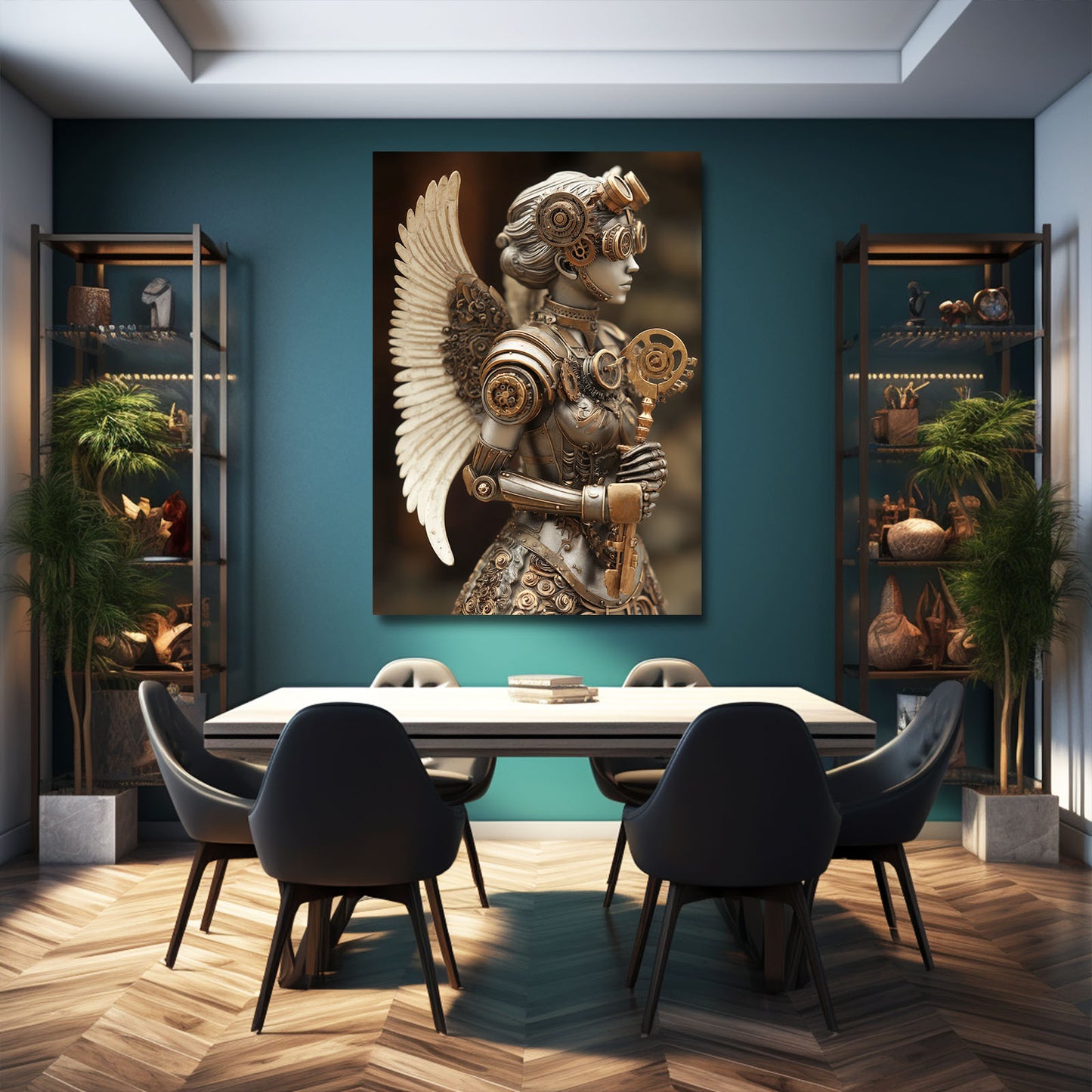 Winged Clockwork Woman Steampunk Wall Decor – styled in a furnished interior