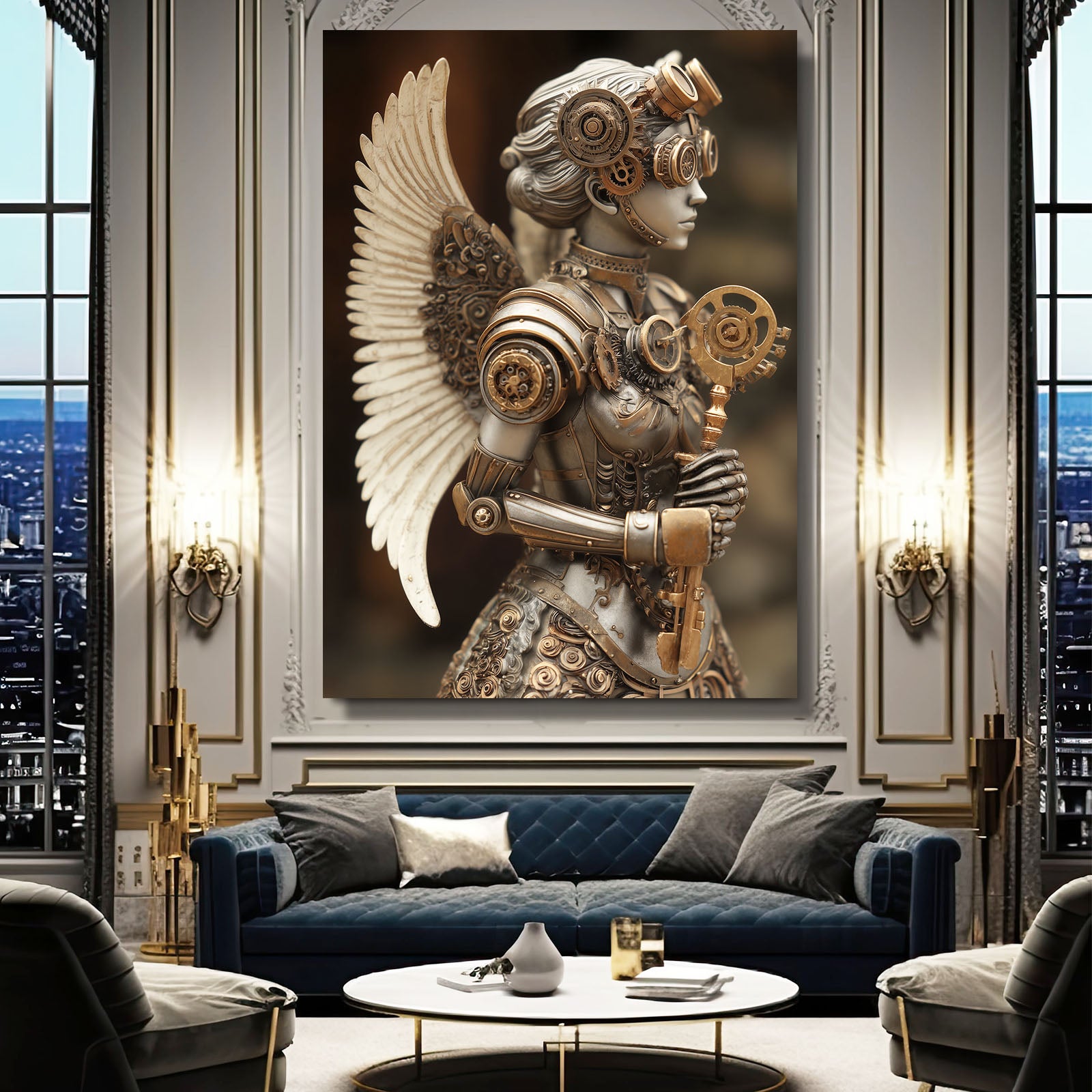 Winged Clockwork Woman Steampunk Wall Decor – styled in a furnished interior
