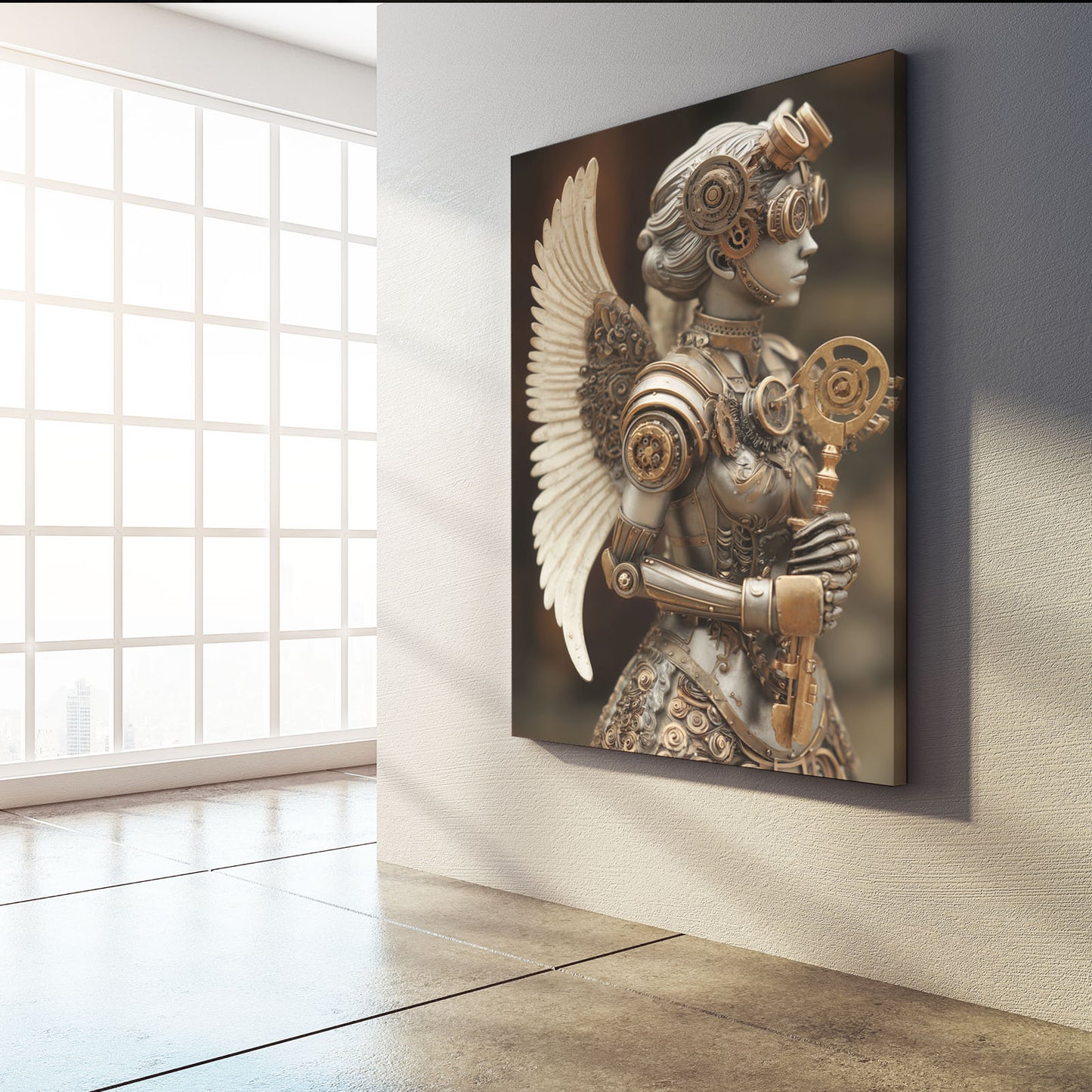 Winged Clockwork Woman Steampunk Wall Decor – styled in a furnished interior