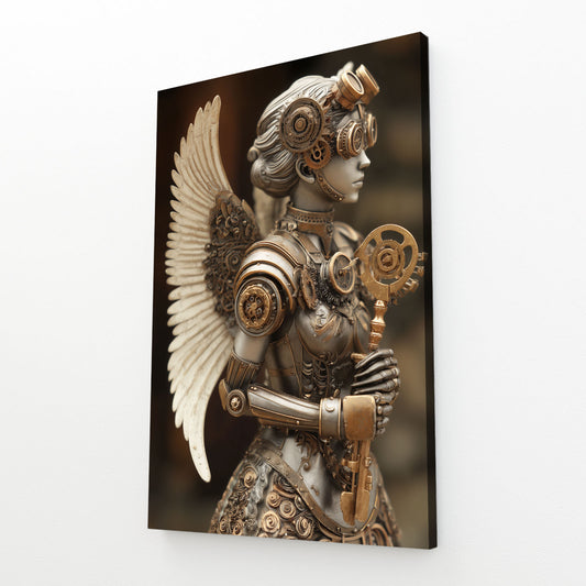 Winged Clockwork Woman Steampunk Wall Decor – angled canvas view on white background