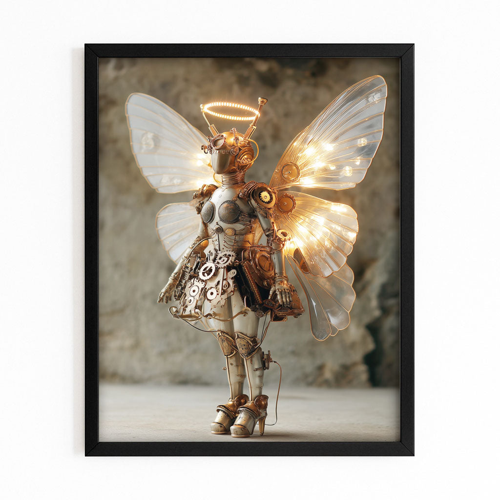 Winged Fairy Automaton Steampunk Art – with Premium Black frame on white background