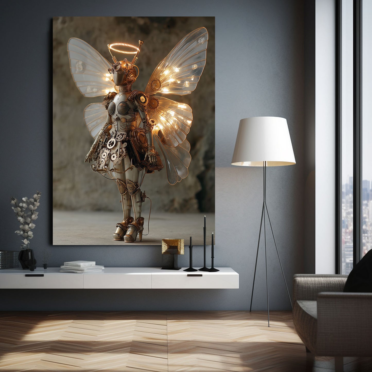 Winged Fairy Automaton Steampunk Art – styled in a furnished interior