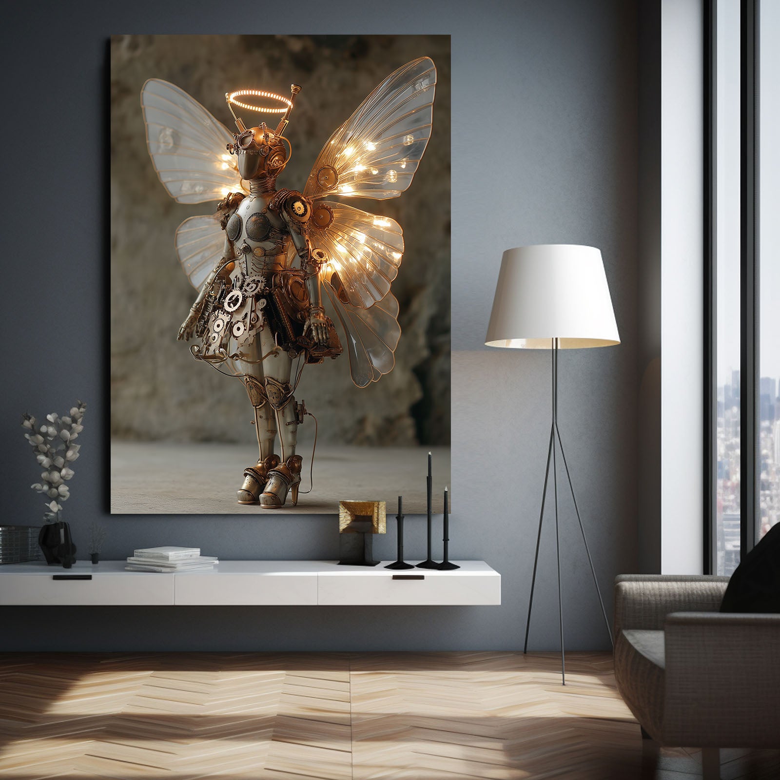 Winged Fairy Automaton Steampunk Art – styled in a furnished interior