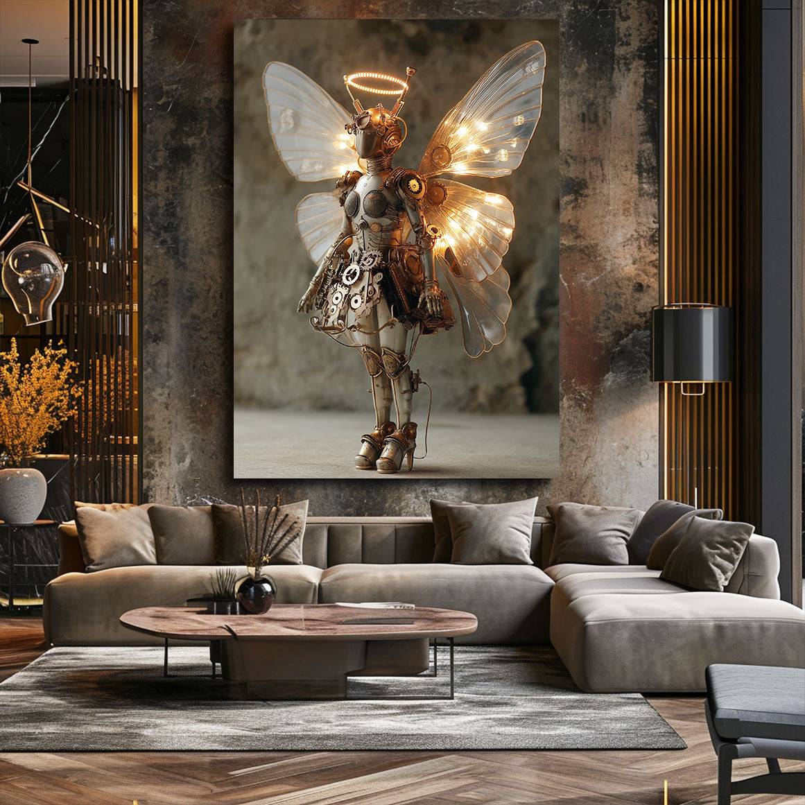 Winged Fairy Automaton Steampunk Art – styled in a furnished interior