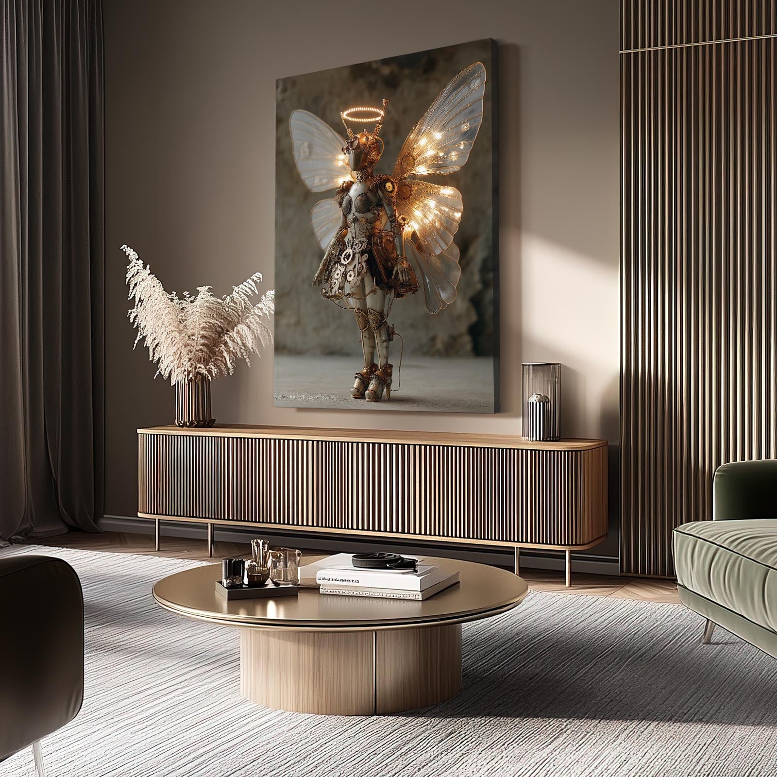 Winged Fairy Automaton Steampunk Art – styled in a furnished interior