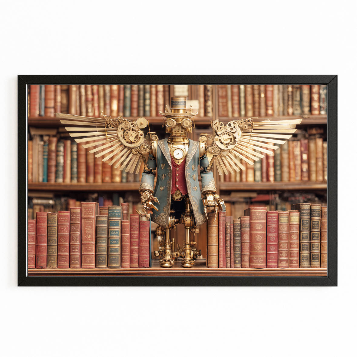 Winged Library Guardian Steampunk Prints – with Premium Black frame on white background