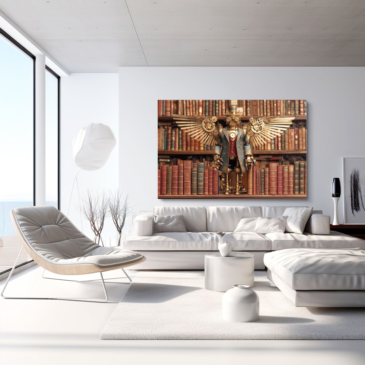 Winged Library Guardian Steampunk Prints – styled in a furnished interior