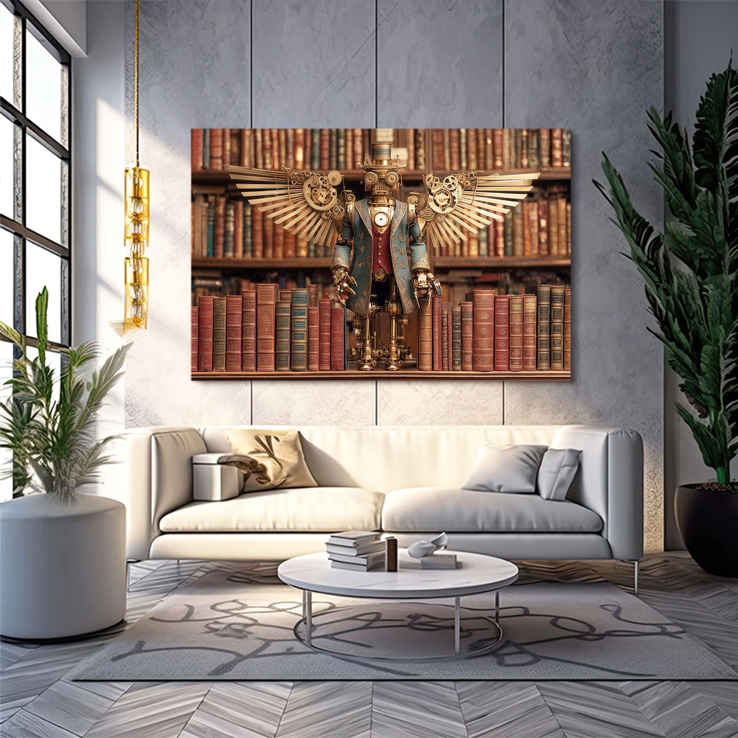 Winged Library Guardian Steampunk Prints – styled in a furnished interior