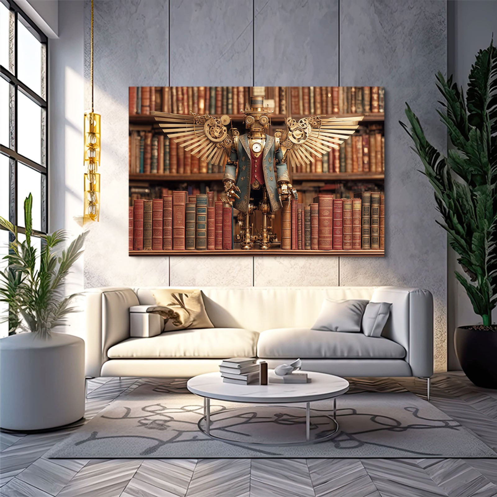 Winged Library Guardian Steampunk Prints – styled in a furnished interior