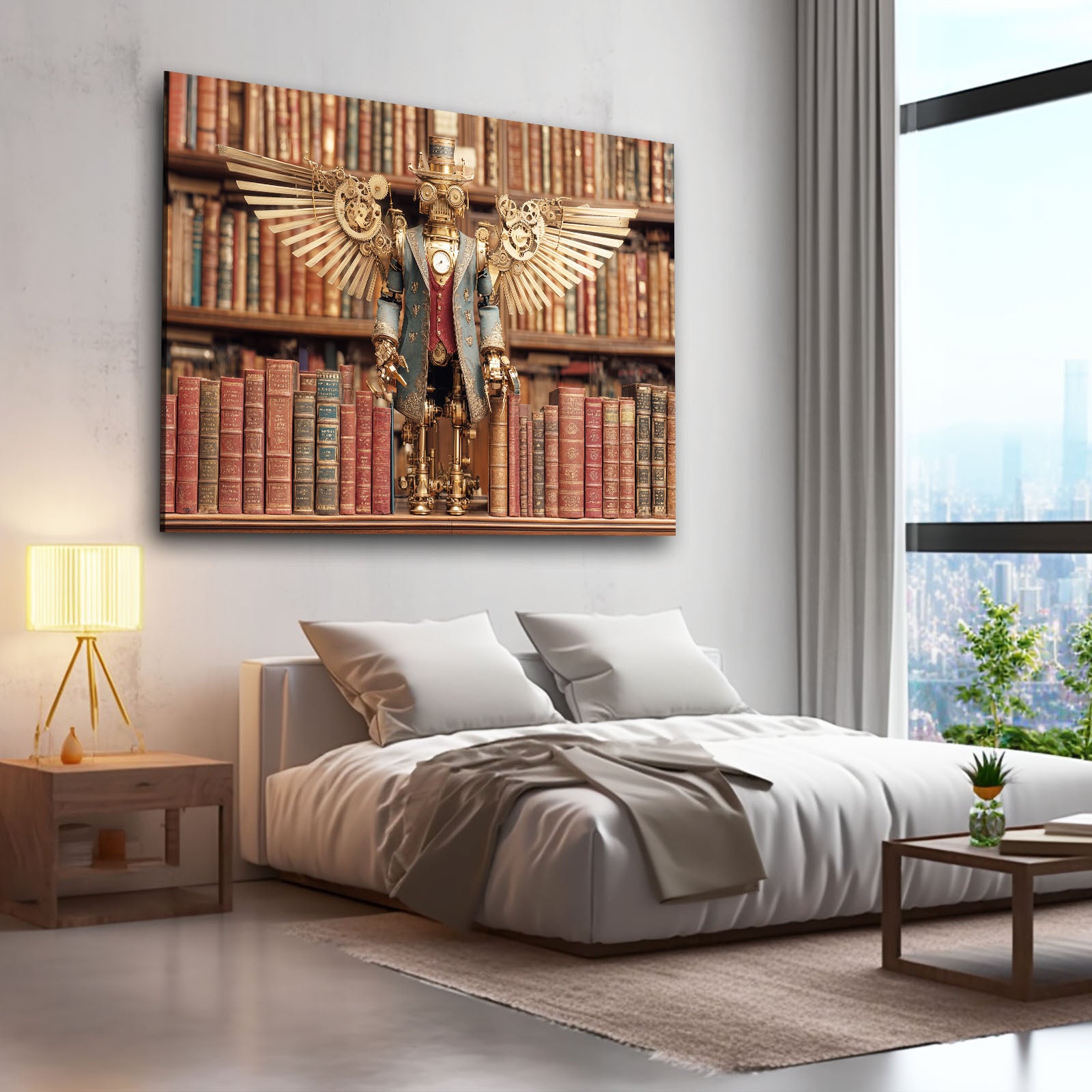 Winged Library Guardian Steampunk Prints – styled in a furnished interior
