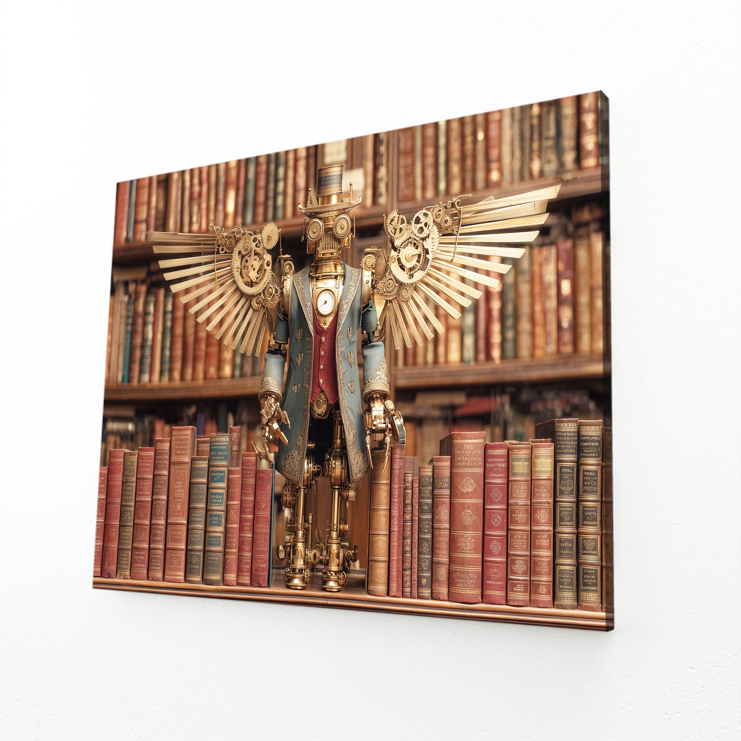 Winged Library Guardian Steampunk Prints – angled canvas view on white background