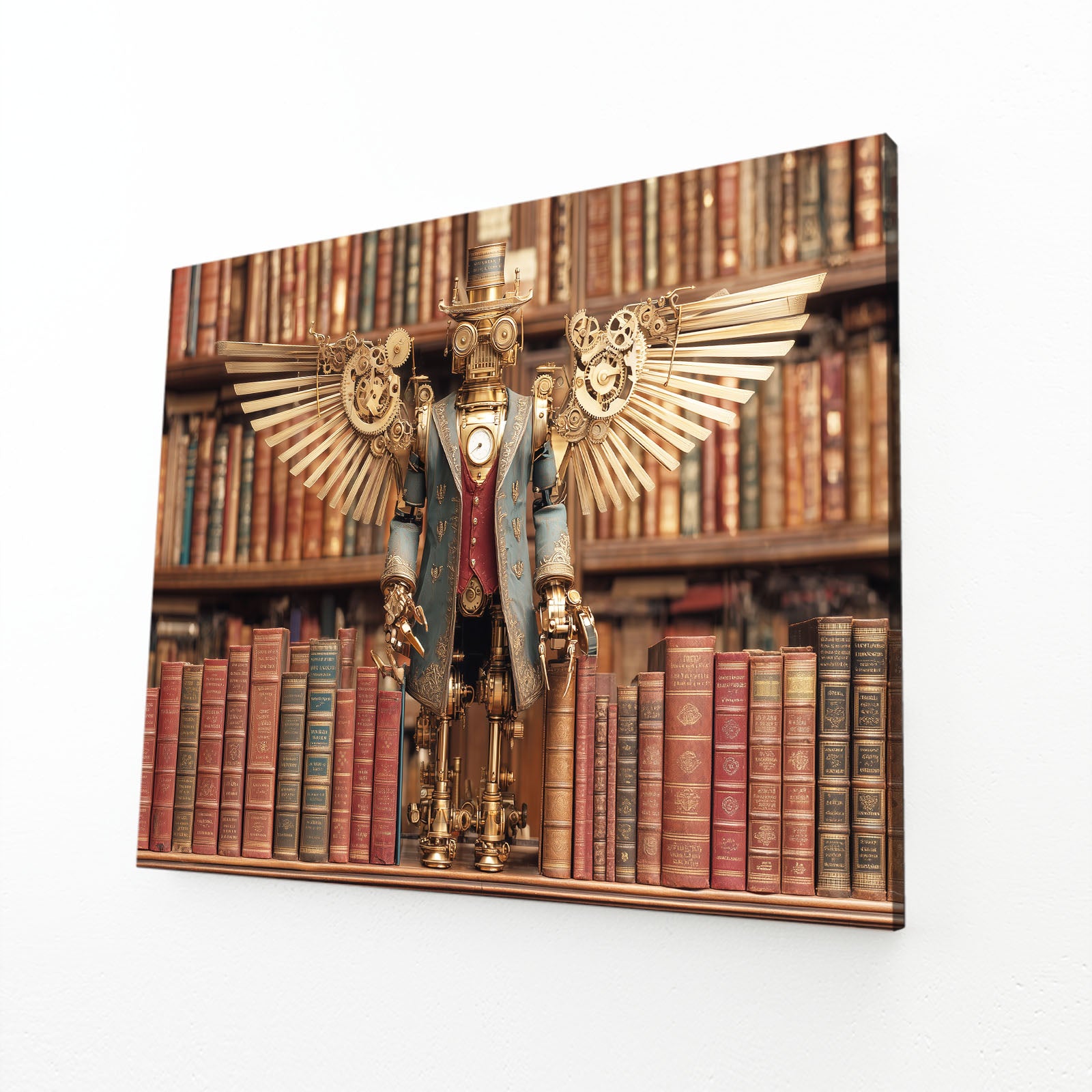 Winged Library Guardian Steampunk Prints – angled canvas view on white background