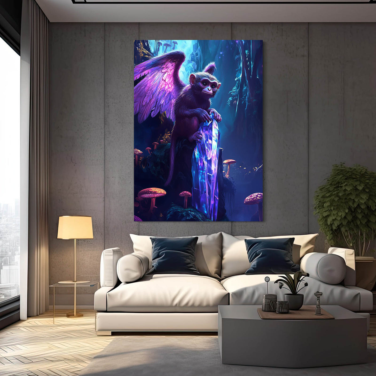 Winged Neon Forest Monkey Art — surrealism canvas print, styled in a furnished interior