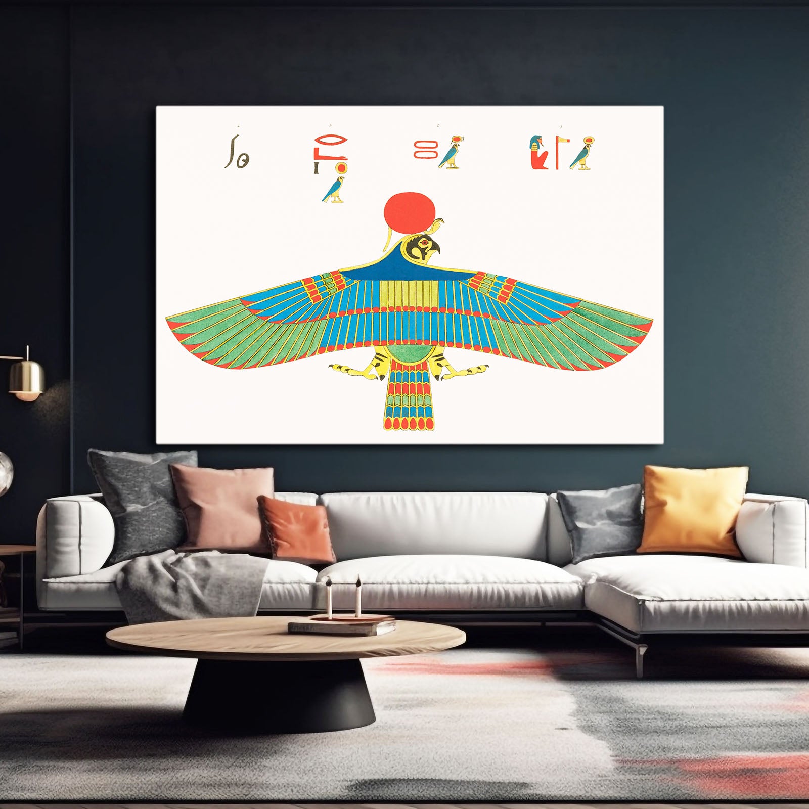 Winged Scarab Glyph Egyptian Art – styled in a furnished interior
