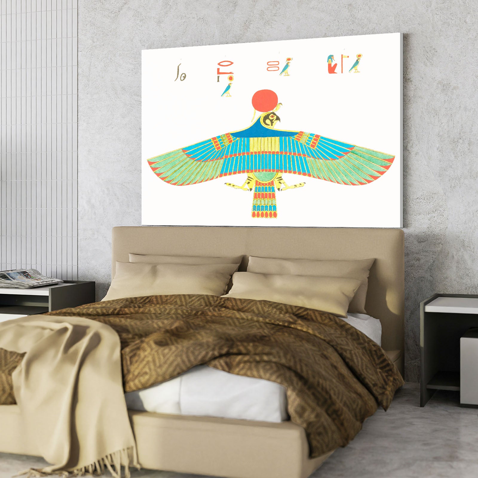 Winged Scarab Glyph Egyptian Art – styled in a furnished interior