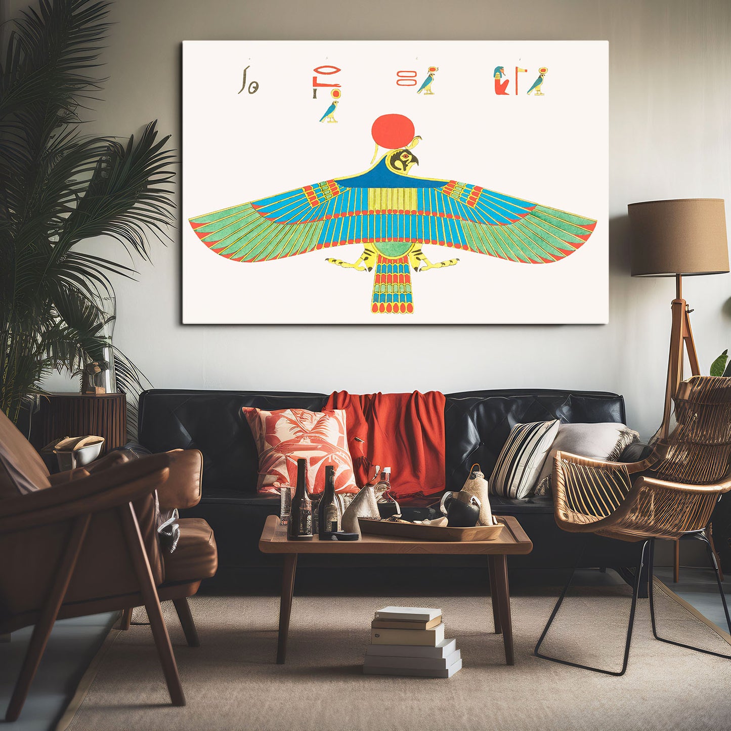 Winged Scarab Glyph Egyptian Art – styled in a furnished interior
